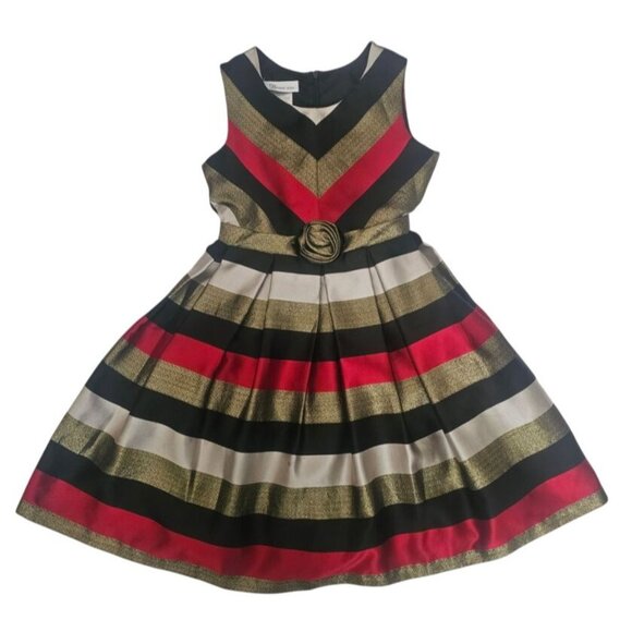 Bonnie Jean Metallic Stripe Gold Sash Bow Waist Sleeveless Party Dress Size 8 - Picture 2 of 11